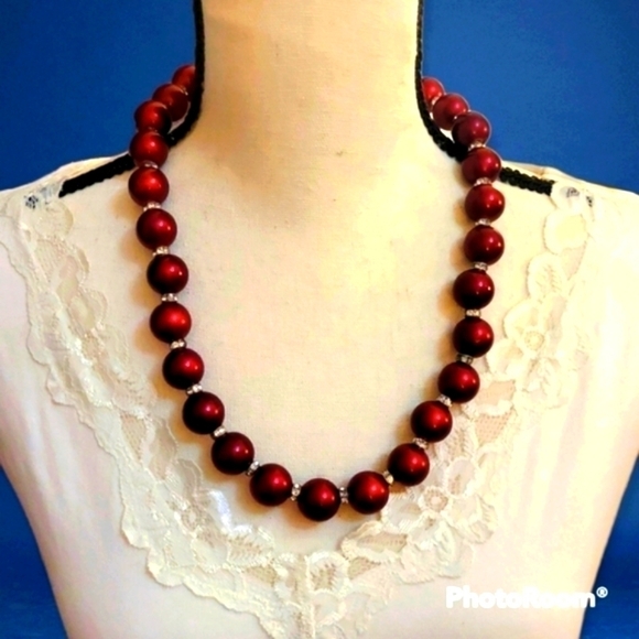 HANDMADE Oxblood Glass Beaded Chunky Statement Holiday Necklace - Picture 1 of 5